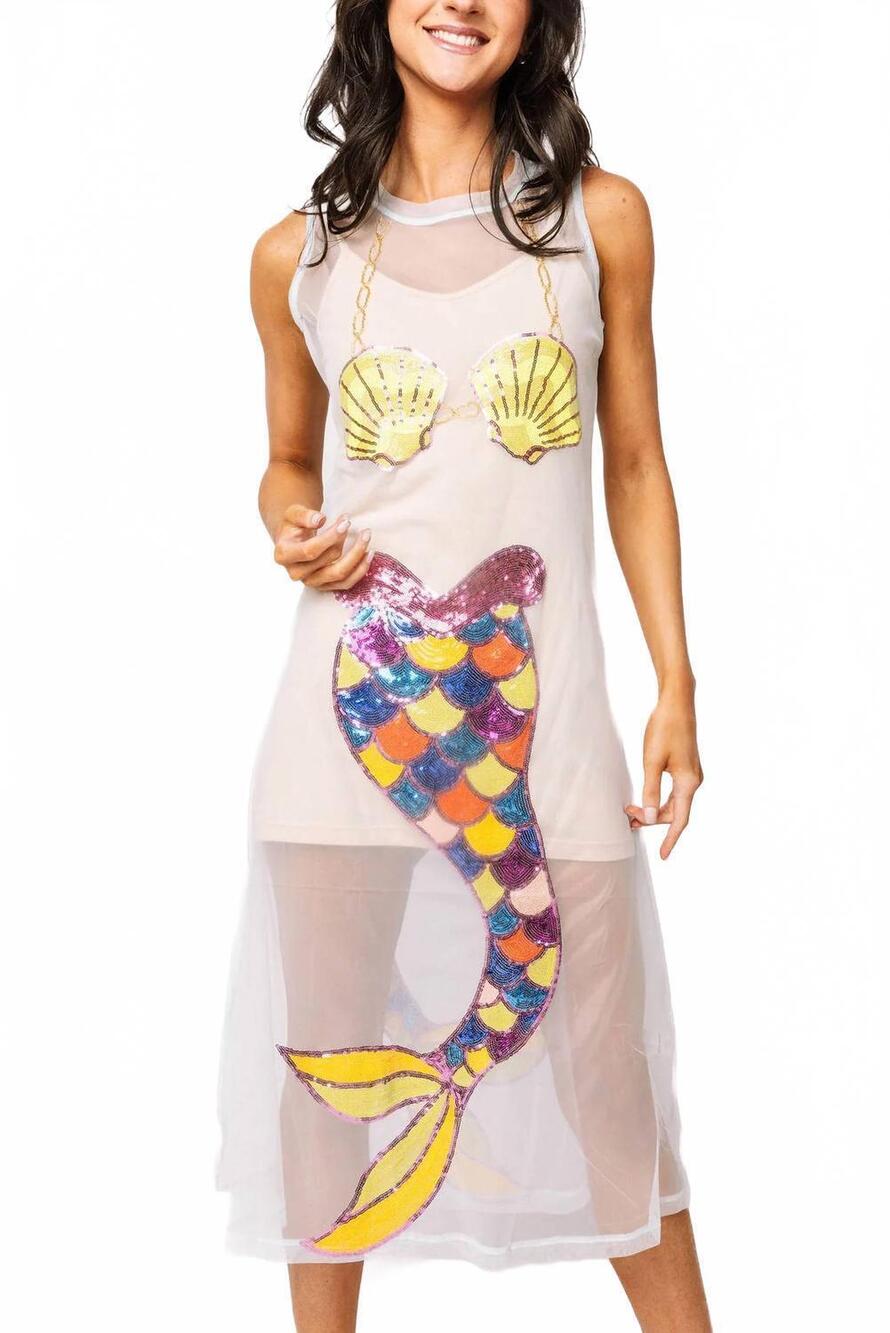 NEW QUEEN OF SPARKLES sheer mermaid midi coverup in white